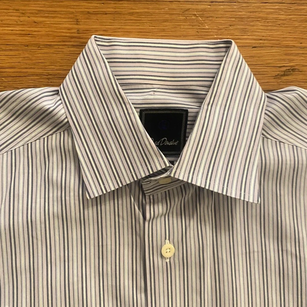 David Donahue Shirt Mens Large Blue White Pink Stripe Trim Fit Dress Monogrammed - Picture 2 of 12